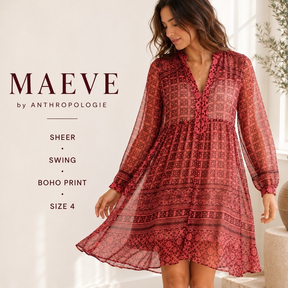 Maeve Anthropology Canna Dress Size 4 Red Sheer Swing Boho Geometric Print Mini‎